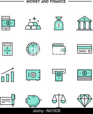 set of thin line flat money and finance icons Stock Vector