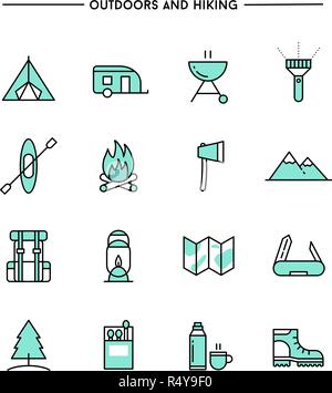 set of flat design, thin line hiking and outdoors icons Stock Vector