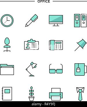 set of thin line flat office icons Stock Vector
