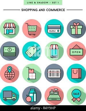 set of flat design,long shadow, thin line shopping and commerce icons Stock Vector