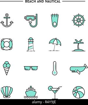 set of flat design, thin line beach and nautical icons Stock Vector
