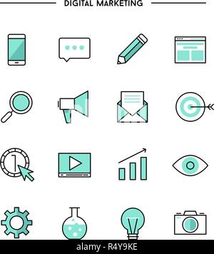 set of thin line flat digital marketing icons Stock Vector