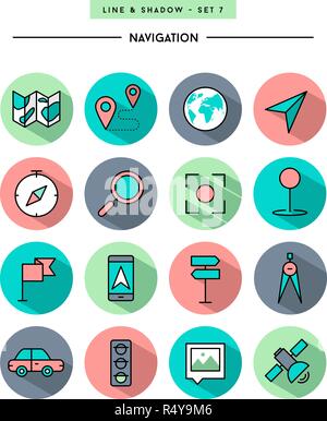 set of flat design,long shadow, thin line navigation icons Stock Vector