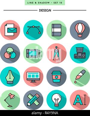 set of flat design,long shadow, thin line designer's tools icons Stock Vector