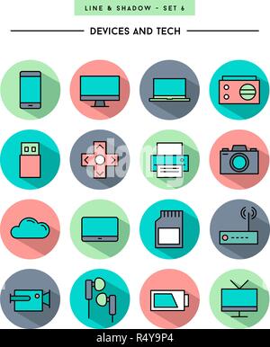 set of flat design,long shadow, thin line devices and tech icons Stock Vector