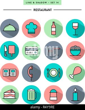 set of flat design,long shadow, thin line restaurant icons Stock Vector