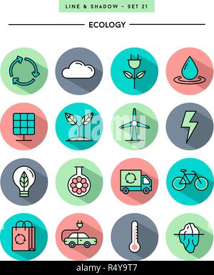 set of flat design,long shadow, thin line ecology icons Stock Vector