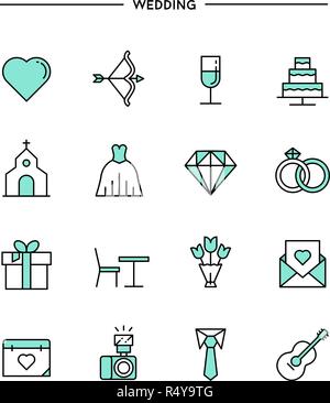 set of flat design, thin line wedding icons Stock Vector