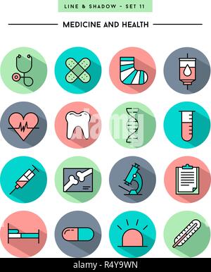 set of flat design,long shadow, thin line medicine and health icons Stock Vector