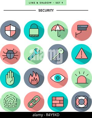 set of flat design,long shadow, thin line security icons Stock Vector