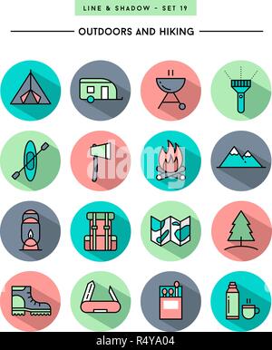 set of flat design,long shadow, thin line hiking and outdoors icons Stock Vector