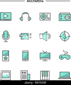 set of thin line flat multimedia icons Stock Vector