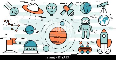 Thin line flat design concept of space exploration Stock Vector