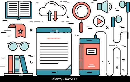 Thin line flat design concept of audio and ebooks Stock Vector