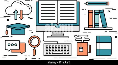 Thin line flat design concept of online education Stock Vector