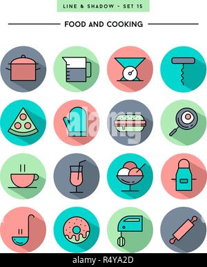 set of flat design,long shadow, thin line food and cooking icons Stock Vector