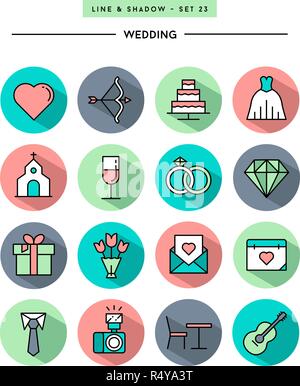 set of flat design,long shadow, thin line wedding icons Stock Vector