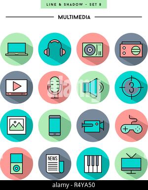set of flat design,long shadow, thin line multimedia icons Stock Vector