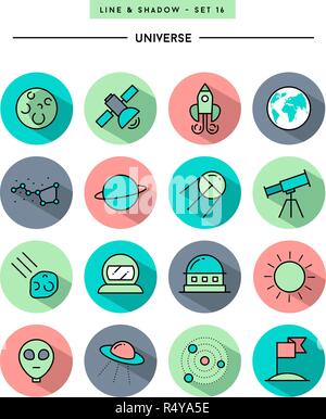 set of flat design,long shadow, thin line universe icons Stock Vector