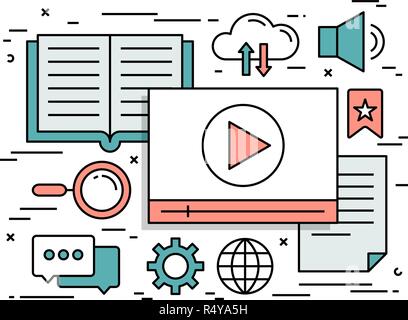 Thin line flat design concept of video tutorials Stock Vector