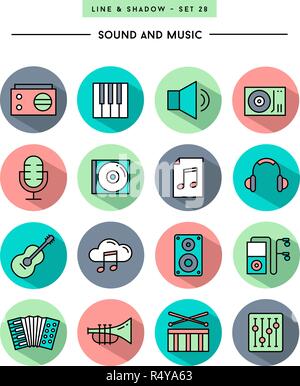 set of flat design,long shadow, thin line sound and music icons Stock Vector