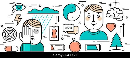 Thin line flat design concept of mental health, depression and anti-depression Stock Vector
