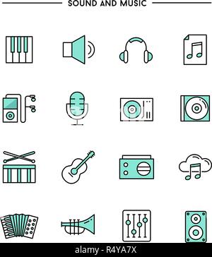 set of flat design, thin line sound and music icons Stock Vector