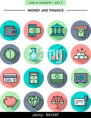 set of flat design,long shadow, thin line money and finance icons Stock Vector