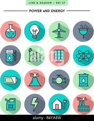 set of flat design,long shadow, thin line power and energy icons Stock Vector