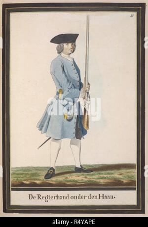 Soldier with musket. Drawings of Dutch Military Costurmes and Musket Exercises. Netherlands; 18th century. Image taken from Drawings of Dutch Military Costumes and Musket Exercises.  Originally published/produced in Netherlands; 18th century. Source: Add. 20728 28. Language: Dutch. Stock Photo