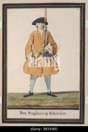 Soldier with musket. Drawings of Dutch Military Costurmes and Musket Exercises. Netherlands; 18th century. Image taken from Drawings of Dutch Military Costumes and Musket Exercises.  Originally published/produced in Netherlands; 18th century. Source: Add. 20728 44. Language: Dutch. Stock Photo