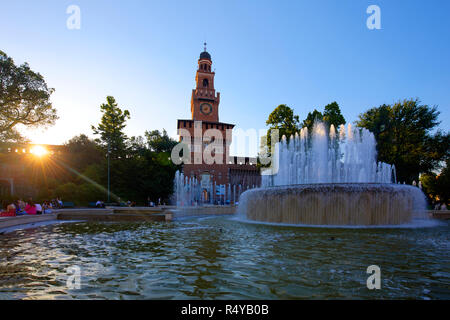 Backlit shot of Sforza Castle in Milan, Italy Stock Photo