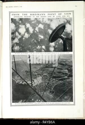 From the bird-man's point of view. Aeroplane pictures of the battle line by land and sea. Images from the First World War. The Graphic. London, August 14, 1915. Top photograph : 'The battle line in France : a peep through the clouds at the German trenches in the Champagne country.' Bottom photograph : 'The battle line in the Dardanelles: A view from mid-air of one the forts bombarded by the allied fleet.'. Source: Colindale,. Language: English. Stock Photo