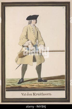 Soldier with musket. Drawings of Dutch Military Costurmes and Musket Exercises. Netherlands; 18th century. Image taken from Drawings of Dutch Military Costumes and Musket Exercises.  Originally published/produced in Netherlands; 18th century. Source: Add. 20728 12. Language: Dutch. Stock Photo