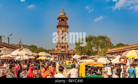 Jodhpur, India - October 14, 2018: People shopping at market place around clock tower in Jodhpur, Rajasthan, India. Stock Photo