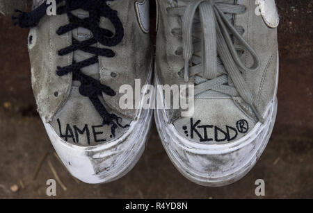 Las Vegas, Nevada, USA. 14th Jan, 2017. A skateboarder has customized his shoes as Punisher Skateboards puts on a skateboarding for local kids at the Jaycee Skate Park. Credit: L.E. Baskow/ZUMA Wire/Alamy Live News Stock Photo