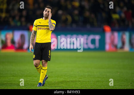 Dortmund, Germany. 28th Nov, 2018. Soccer: Champions League, Borussia Dortmund - FC Bruges, Group stage, Group A, 5th matchday at Signal Iduna Park. Dortmund's Paco Alcácer reacts during the game. Credit: Marius Becker/dpa/Alamy Live News Stock Photo