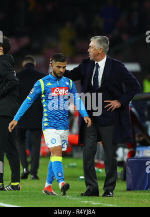 Stadio San Paolo, Naples, Italy. 28th Nov, 2018. UEFA Champions League football, Napoli versus Red Star Belgrade; Insigne and Carlo Ancelotti, manager of Napoli Credit: Action Plus Sports/Alamy Live News Stock Photo