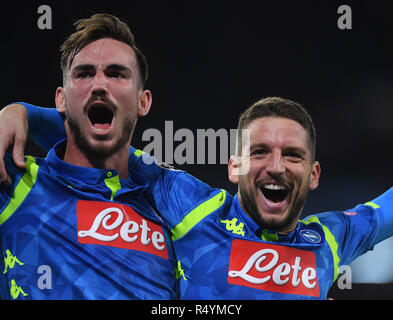 Naples, Italy. 28th Nov, 2018. Napoli's Dries Mertens (R) celebrates with his teammate Fabian Ruiz during the UEFA Champions League Group C match between Napoli and Red Star Belgrade in Naples, Italy, Nov. 28, 2018. Napoli won 3-1. Credit: Alberto Lingria/Xinhua/Alamy Live News Stock Photo