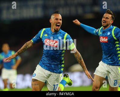 Naples, Italy. 28th Nov, 2018. Napoli's Marek Hamsik (L) celebrates his goal during the UEFA Champions League Group C match between Napoli and Red Star Belgrade in Naples, Italy, Nov. 28, 2018. Napoli won 3-1. Credit: Alberto Lingria/Xinhua/Alamy Live News Stock Photo