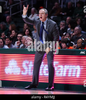 Coral Gables, Florida, USA. 28th Nov, 2018. Rutgers Scarlet Knights head coach Steve Pikiell signals his team during the NCAA men's basketball game between the Rutgers Scarlet Knights and the University of Miami Hurricanes at the Watsco Center in Coral Gables, Florida. The Scarlet Knights won 57-54. Mario Houben/CSM/Alamy Live News Stock Photo