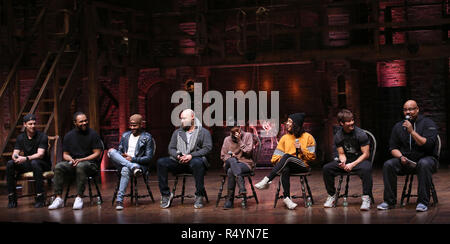 Robert Walters, Sean Green Jr., Terrance Spencer, Gregory Treco, Gabriella Sorrentino, Sasha Hollinger, Thayne Jasperson and James Monroe Iglehart during The Rockefeller Foundation and The Gilder Lehrman Institute of American History sponsored High School student #eduHam matinee performance of 'Hamilton' Q & A at the Richard Rodgers Theatre on November 28, 2018 in New York City. Credit: Walter McBrde/MediaPunch Stock Photo