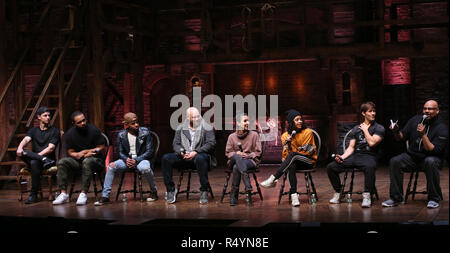 Robert Walters, Sean Green Jr., Terrance Spencer, Gregory Treco, Gabriella Sorrentino, Sasha Hollinger, Thayne Jasperson and James Monroe Iglehart during The Rockefeller Foundation and The Gilder Lehrman Institute of American History sponsored High School student #eduHam matinee performance of 'Hamilton' Q & A at the Richard Rodgers Theatre on November 28, 2018 in New York City. Credit: Walter McBrde/MediaPunch Stock Photo