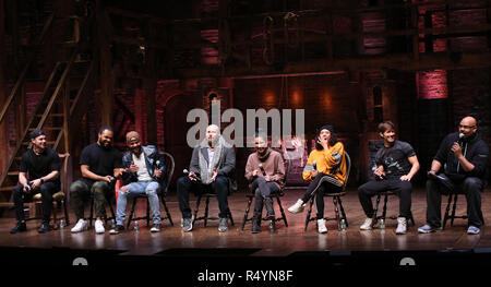 Robert Walters, Sean Green Jr., Terrance Spencer, Gregory Treco, Gabriella Sorrentino, Sasha Hollinger, Thayne Jasperson and James Monroe Iglehart during The Rockefeller Foundation and The Gilder Lehrman Institute of American History sponsored High School student #eduHam matinee performance of 'Hamilton' Q & A at the Richard Rodgers Theatre on November 28, 2018 in New York City. Credit: Walter McBrde/MediaPunch Stock Photo