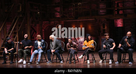 Robert Walters, Sean Green Jr., Terrance Spencer, Gregory Treco, Gabriella Sorrentino, Sasha Hollinger, Thayne Jasperson and James Monroe Iglehart during The Rockefeller Foundation and The Gilder Lehrman Institute of American History sponsored High School student #eduHam matinee performance of 'Hamilton' Q & A at the Richard Rodgers Theatre on November 28, 2018 in New York City. Credit: Walter McBrde/MediaPunch Stock Photo