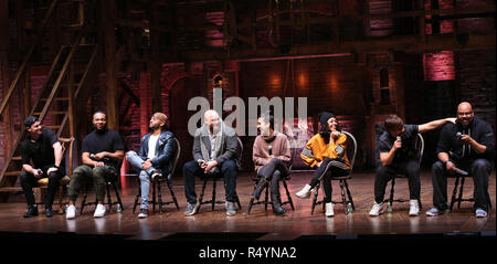 Robert Walters, Sean Green Jr., Terrance Spencer, Gregory Treco, Gabriella Sorrentino, Sasha Hollinger, Thayne Jasperson and James Monroe Iglehart during The Rockefeller Foundation and The Gilder Lehrman Institute of American History sponsored High School student #eduHam matinee performance of 'Hamilton' Q & A at the Richard Rodgers Theatre on November 28, 2018 in New York City. Credit: Walter McBrde/MediaPunch Stock Photo