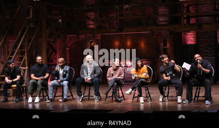 Robert Walters, Sean Green Jr., Terrance Spencer, Gregory Treco, Gabriella Sorrentino, Sasha Hollinger, Thayne Jasperson and James Monroe Iglehart during The Rockefeller Foundation and The Gilder Lehrman Institute of American History sponsored High School student #eduHam matinee performance of 'Hamilton' Q & A at the Richard Rodgers Theatre on November 28, 2018 in New York City. Credit: Walter McBrde/MediaPunch Stock Photo