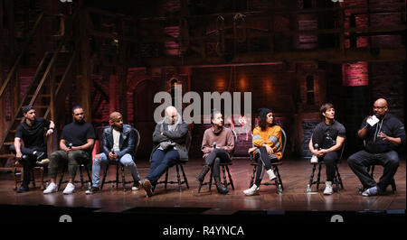 Robert Walters, Sean Green Jr., Terrance Spencer, Gregory Treco, Gabriella Sorrentino, Sasha Hollinger, Thayne Jasperson and James Monroe Iglehart during The Rockefeller Foundation and The Gilder Lehrman Institute of American History sponsored High School student #eduHam matinee performance of 'Hamilton' Q & A at the Richard Rodgers Theatre on November 28, 2018 in New York City. Credit: Walter McBrde/MediaPunch Stock Photo