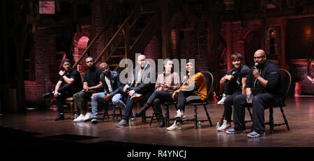 Robert Walters, Sean Green Jr., Terrance Spencer, Gregory Treco, Gabriella Sorrentino, Sasha Hollinger, Thayne Jasperson and James Monroe Iglehart during The Rockefeller Foundation and The Gilder Lehrman Institute of American History sponsored High School student #eduHam matinee performance of 'Hamilton' Q & A at the Richard Rodgers Theatre on November 28, 2018 in New York City. Credit: Walter McBrde/MediaPunch Stock Photo