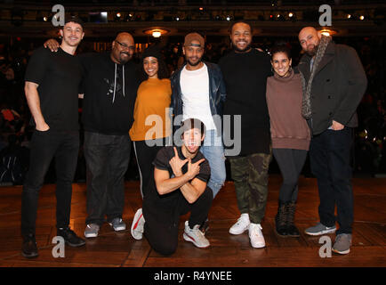 Robert Walters, James Monroe Iglehart, Sasha Hollinger, Thayne Jasperson, Terrance Spencer, Sean Green Jr., Gabriella Sorrentino and Gregory Treco during The Rockefeller Foundation and The Gilder Lehrman Institute of American History sponsored High School student #eduHam matinee performance of 'Hamilton' Q & A at the Richard Rodgers Theatre on November 28, 2018 in New York City. Credit: Walter McBrde/MediaPunch Stock Photo